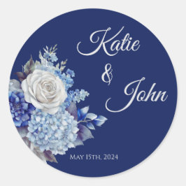 Pegatina Redonda Boda de flores azul acuarela -