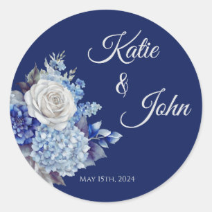 Pegatina Redonda Boda de flores azul acuarela -