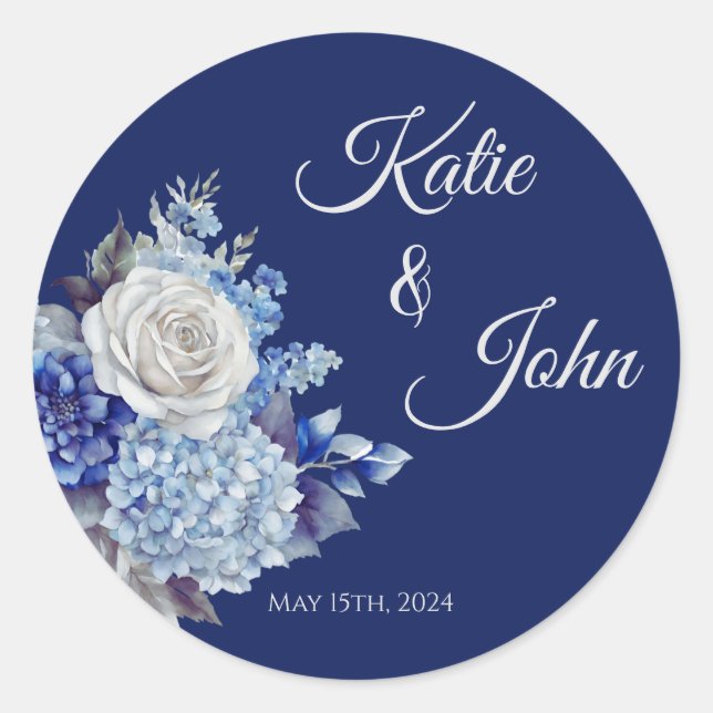 Pegatina Redonda Boda de flores azul acuarela - (Anverso)
