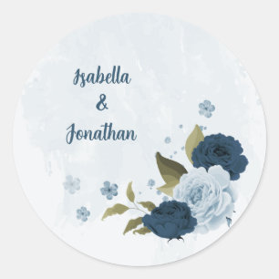 Pegatina Redonda boda de flores azul marino claro