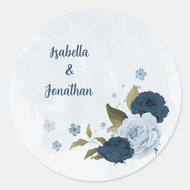 Pegatina Redonda boda de flores azul marino claro (Anverso)
