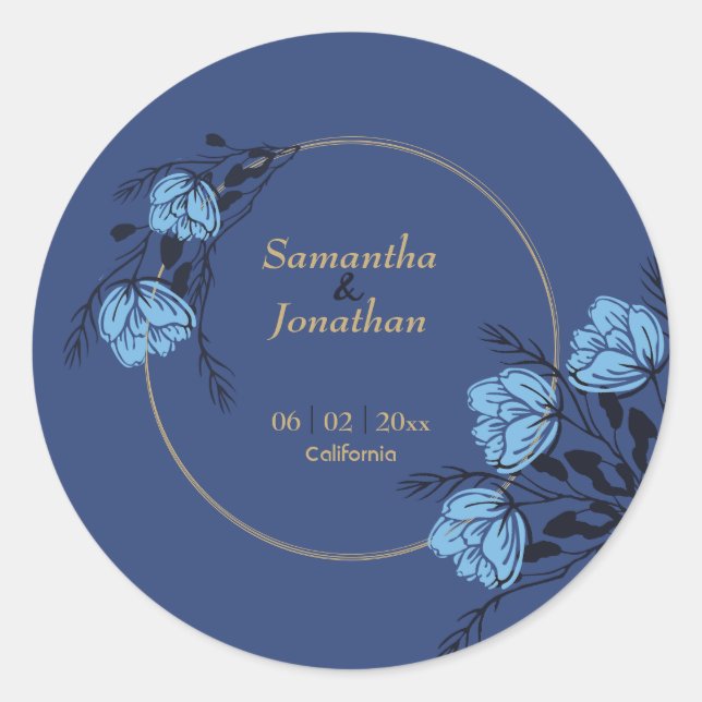 Pegatina Redonda Boda de flores azules (Anverso)
