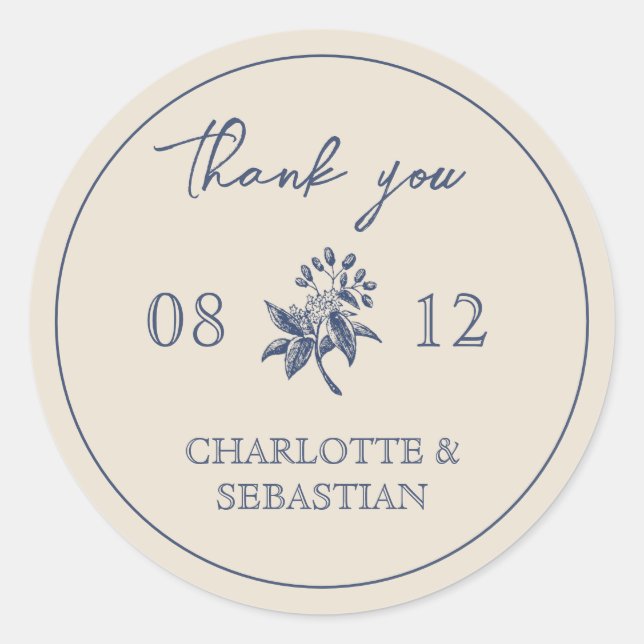 Pegatina Redonda Boda de flores azules de época (Anverso)