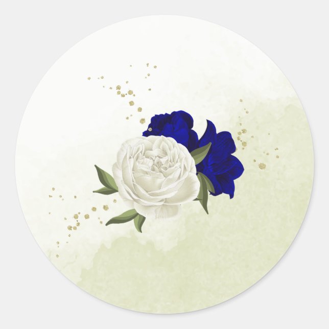 Pegatina Redonda boda de flores blancas azules reales (Anverso)