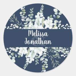 Pegatina Redonda Boda de flores blancas florales de color acuático 