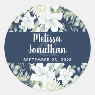 Pegatina Redonda Boda de flores blancas florales de color acuático 