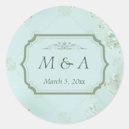 Pegatina Redonda Boda de Flores Blancas Verde azuladas Pastel