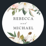 Pegatina Redonda Boda de Flores Blancas y Rubor o Partido de compro<br><div class="desc">Boda de Flores Rubor y Blancas o Pegatina de Favor de Parte de Compromiso Consulte colección de coincidencias en Nest Store y Nest Store</div>