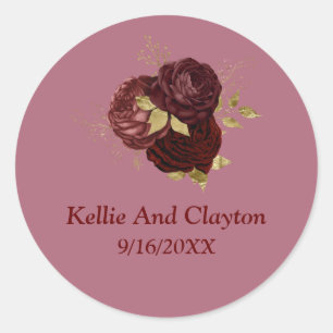 Pegatina Redonda Boda De Flores De Borgoña Y Oro