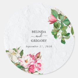 Pegatina Redonda Boda de flores de magnolia acuarela