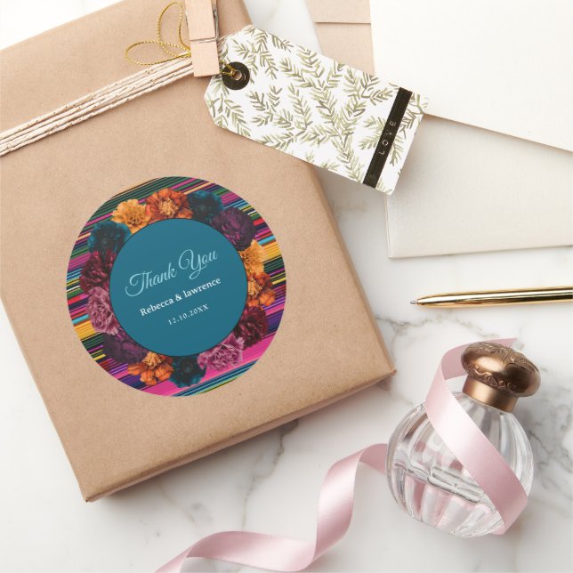 Pegatina Redonda Boda de flores mexicanas modernas (Regalar)