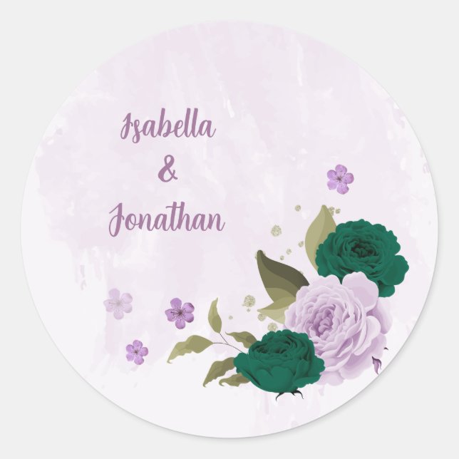 Pegatina Redonda boda de flores moradas verdes esmeraldas (Anverso)