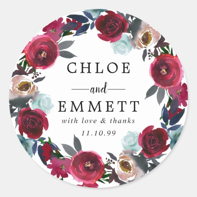 Pegatina Redonda Boda de Flores Rojas Borgoña Gracias Por Favorecer (Anverso)