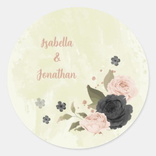 Pegatina Redonda boda de flores rosadas negras
