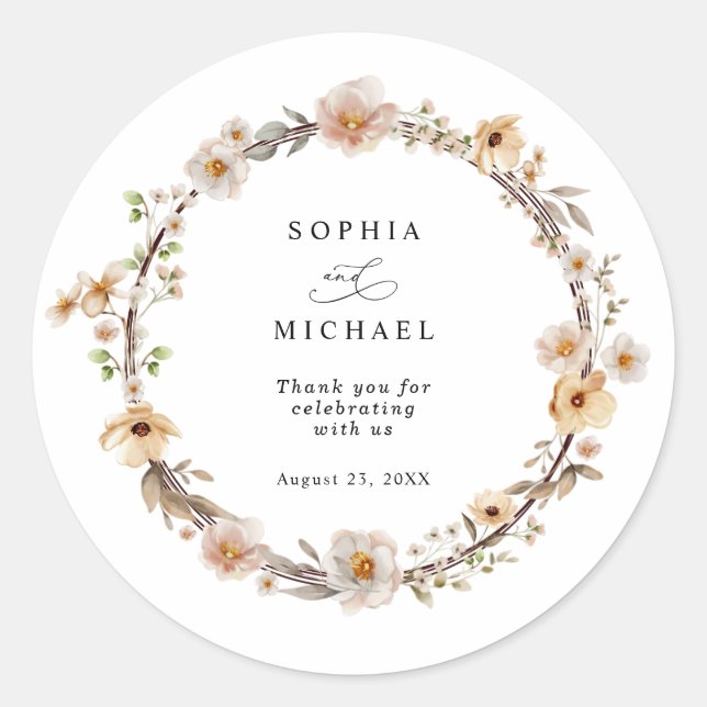 Pegatina Redonda Boda de flores silvestres beige (Anverso)
