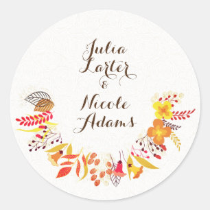 Pegatina Redonda Boda de flores silvestres boho naranja púrpura