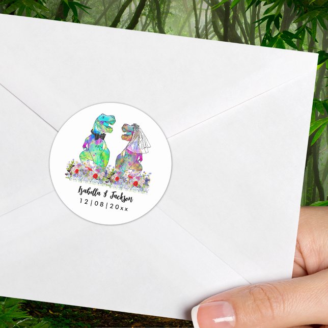 Pegatina Redonda Boda de flores silvestres con tema de dinosaurios (Dinosaur wedding T-Rex bride and groom colorful personalized bride and groom name and date sticker)