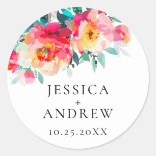 Pegatina Redonda Boda de flores silvestres en acuarela elegante