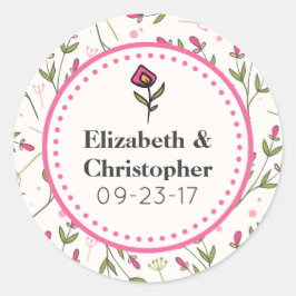 Pegatina Redonda Boda de flores silvestres rosas y verdes