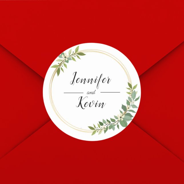 Pegatina Redonda Boda de flores silvestres rústicas con follaje ver (Classic round foliage sticker brings rustic floral elegance to wedding announcements.)