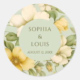Pegatina Redonda Boda de flores verde y beige suave