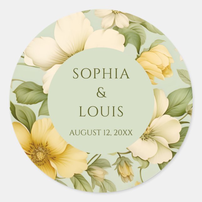 Pegatina Redonda Boda de flores verde y beige suave (Anverso)