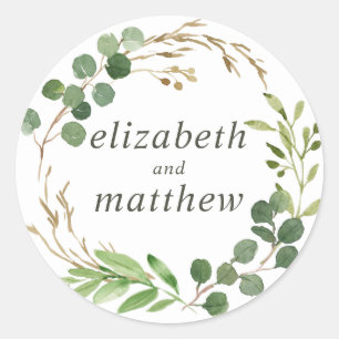 Pegatina Redonda Boda de follaje acuático moderno