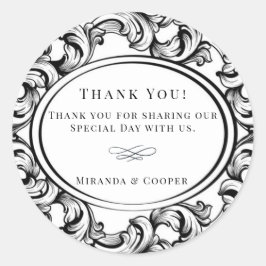 Pegatina Redonda Boda de follaje negro Art Deco Moderno Gracias