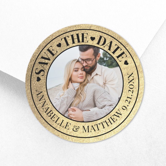 Pegatina Redonda Boda de fotos de oro salva la fecha (Photo Wedding Gold Save The Date Classic Round Sticker)