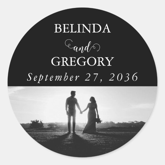 Pegatina Redonda Boda de fotos de parejas de guiones blancos y negr (Anverso)