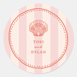 Pegatina Redonda Boda de franja tropical rosa de la concha