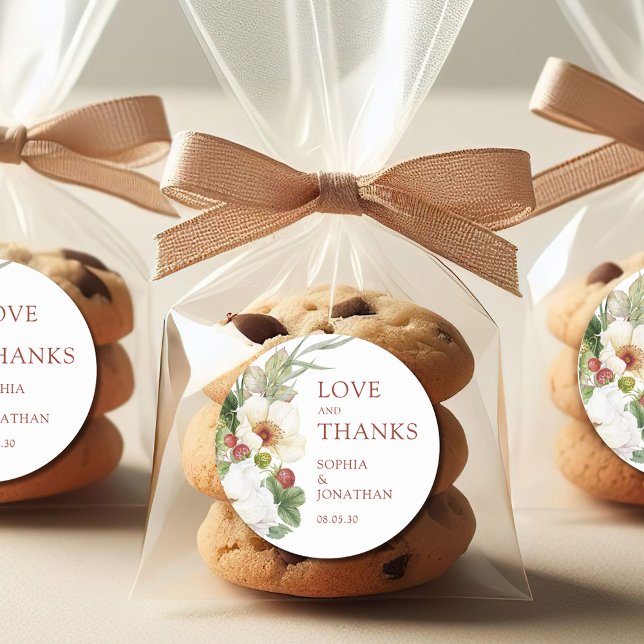 Pegatina Redonda Boda de fresa salvaje de Rosa Blanca Gracias (White Rose and Wild Strawberry Love and Thanks Wedding Favor Stickers)