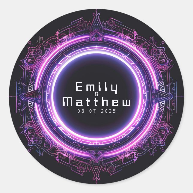 Pegatina Redonda Boda de Fusión Ciber-Medieval (Anverso)