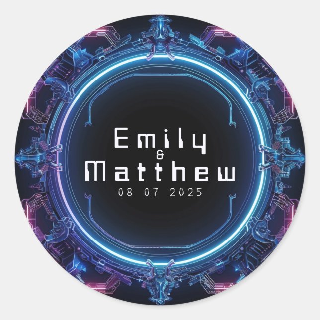 Pegatina Redonda Boda de Fusión Ciber-Medieval (Anverso)