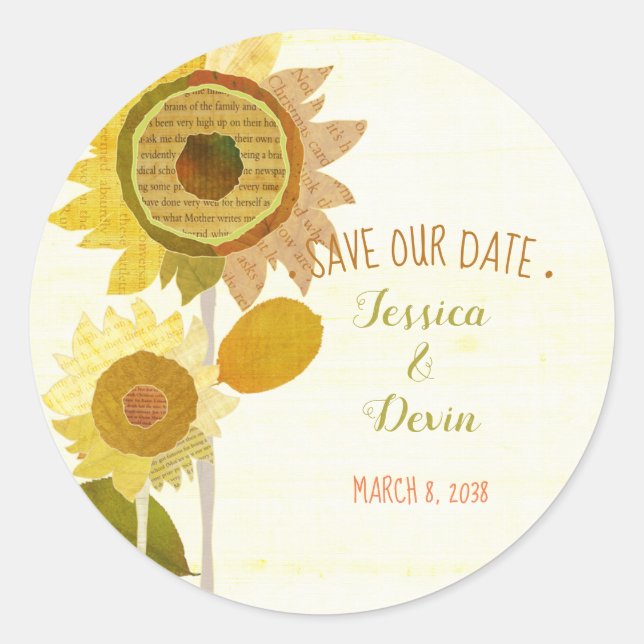 Pegatina Redonda Boda de girasol única Guardar la fecha (Anverso)