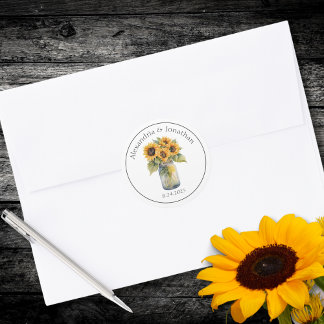 Pegatina Redonda Boda de Girasoles Country