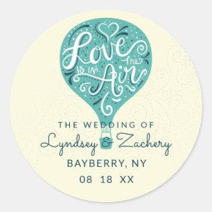 Pegatina Redonda Boda de globo de aire caliente Verde azulado con a