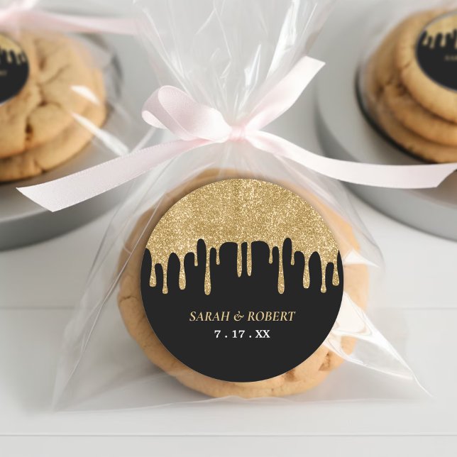 Pegatina Redonda Boda de goteo de Purpurina negro y dorado (Black & Gold Glitter Drip Wedding Classic Round Sticker
)