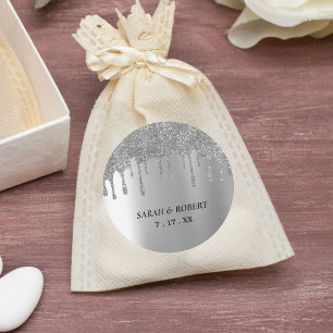 Pegatina Redonda Boda de goteo de Purpurina plateado