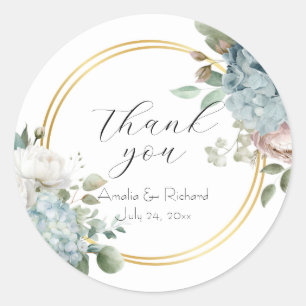 Pegatina Redonda Boda de "Gracias" Floral Hortensia Azul Polvorient