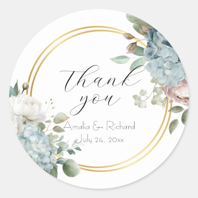 Pegatina Redonda Boda de "Gracias" Floral Hortensia Azul Polvorient (Anverso)