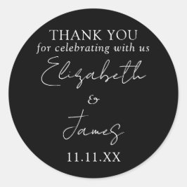 Pegatina Redonda Boda De Guión Blanco Y Negro Elegante Gracias