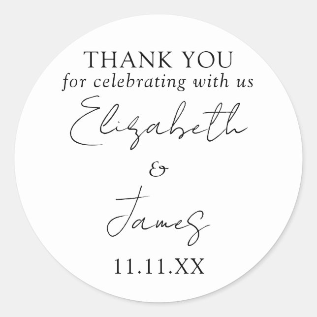 Pegatina Redonda Boda De Guión Blanco Y Negro Elegante Gracias (Anverso)