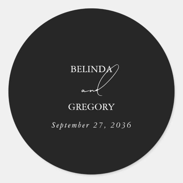 Pegatina Redonda Boda de guiones de firma de caligrafía en blanco y (Anverso)