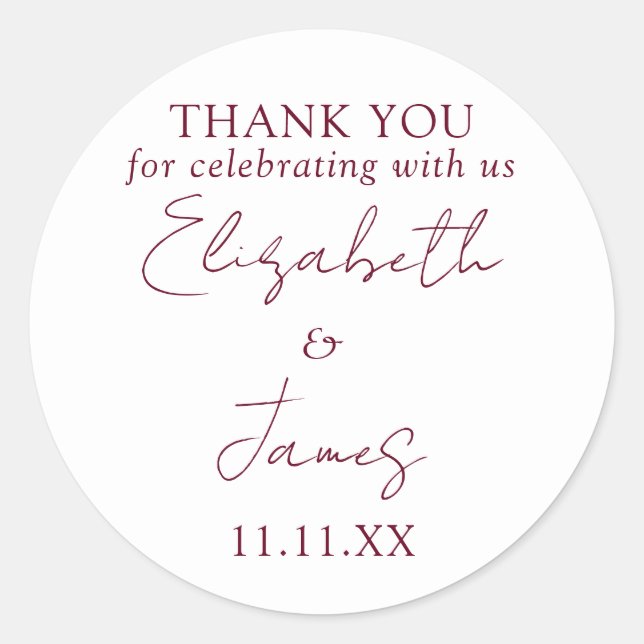 Pegatina Redonda Boda de guiones elegantes y rojos de Borgoña Graci (Anverso)