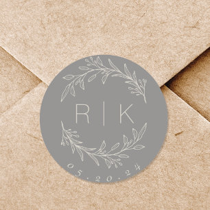 Pegatina Redonda Boda de guirnaldas botánicas de arte de línea gris