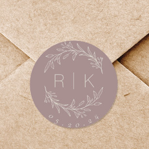 Pegatina Redonda Boda de guirnaldas botánicas de arte de línea rosa