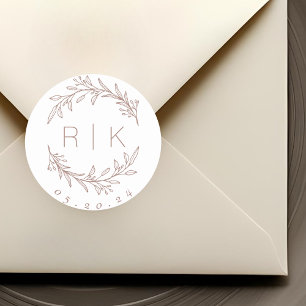 Pegatina Redonda Boda de guirnaldas botánicas de arte de línea rosa