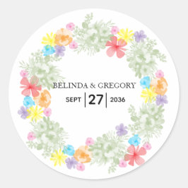 Pegatina Redonda Boda de guirnaldas florales rusas