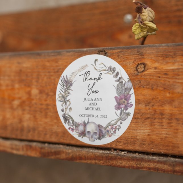 Pegatina Redonda Boda de Halloween Floral Cráneo Gracias (Subido por el creador)